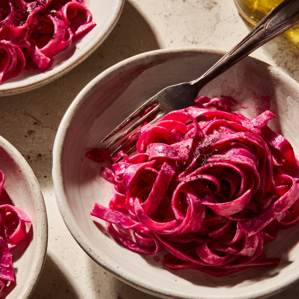 Pink Beetroot Fettuccine with Cream Sauce
